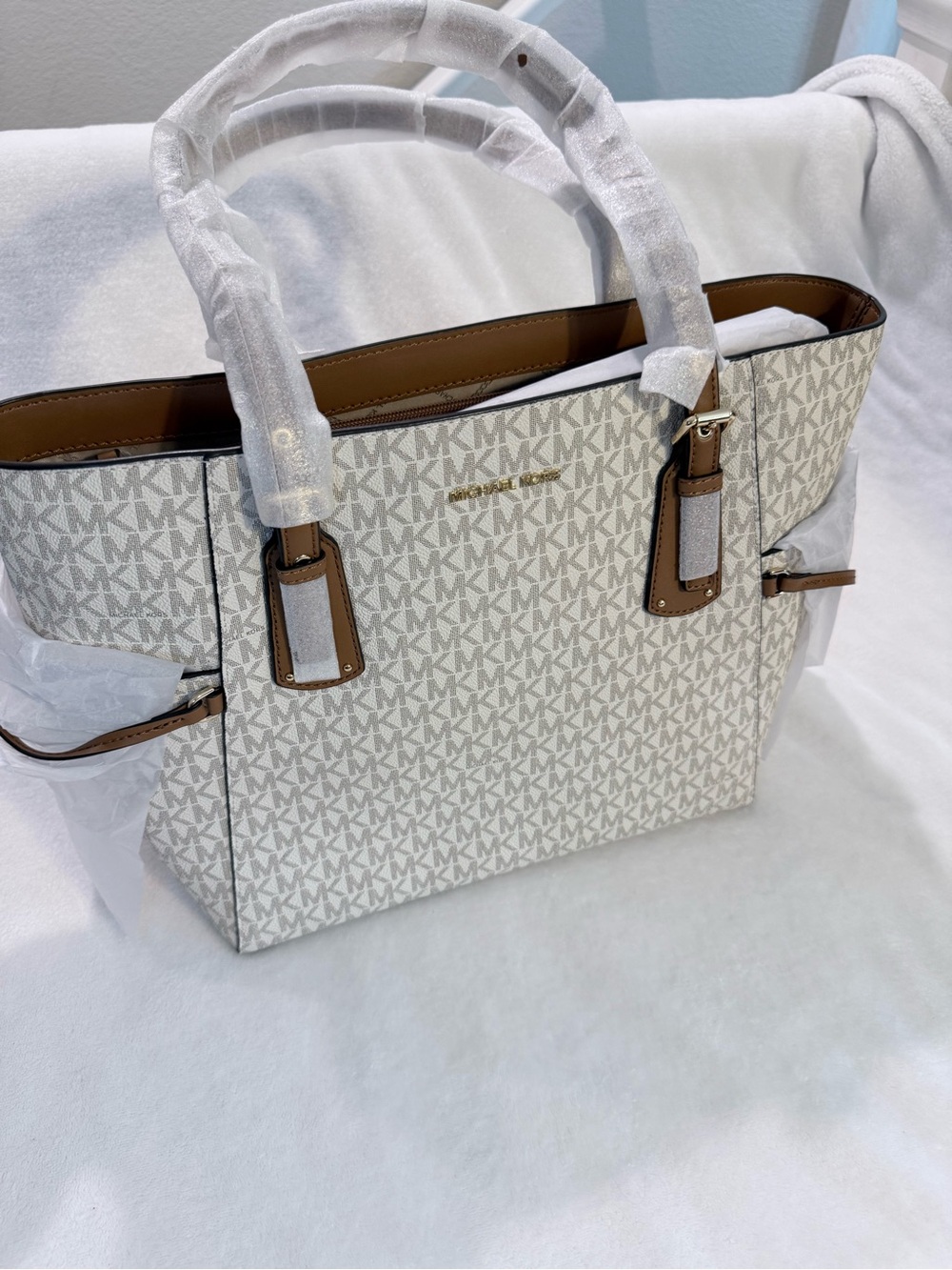 Michael Kors Cream MK Logo Tote with Brown Trim